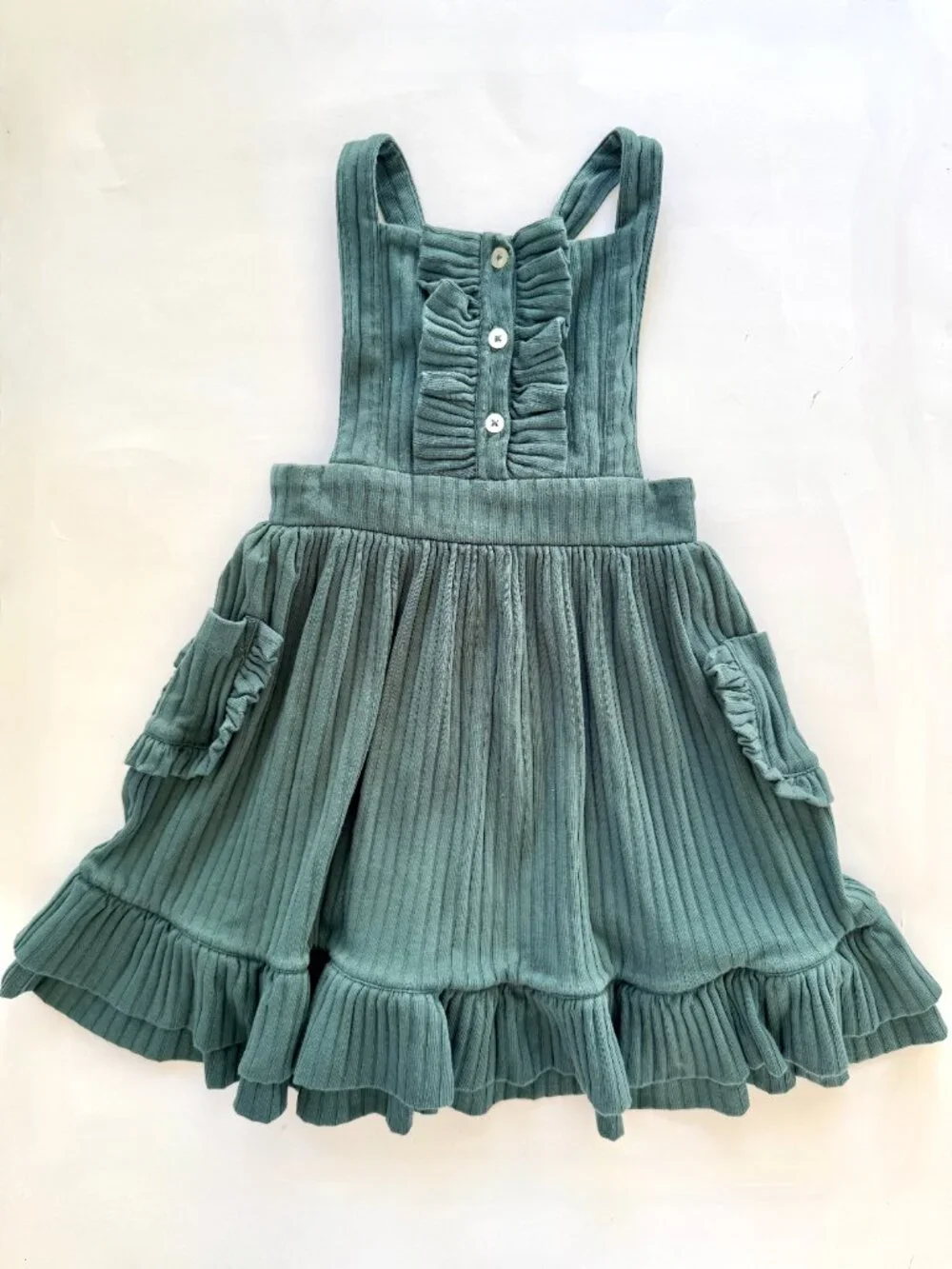 Kate Quinn Girls Sage Ribbed Pinafore Dress Sz 4T Crossback Ruffle